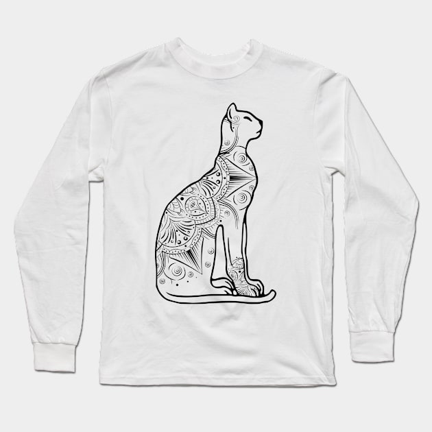 Stylish Mandala Cat Long Sleeve T-Shirt by Korry